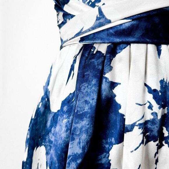 Vintage Y2K Blue White Floral Strapless Pleated Knee Length Silk Dress Size XS - Picture 6 of 7